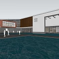 Modern Building Exterior With Water Pool Reflection People Walking Glass Facade And Wooden Panels