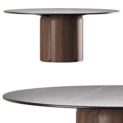 Elegant Round Dining Table With Natural Marble Top And Dark Wooden Legs 3d model