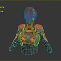 Female Wearing Futuristic Blue And Orange Mechanical Armor With Worn Metallic Texture