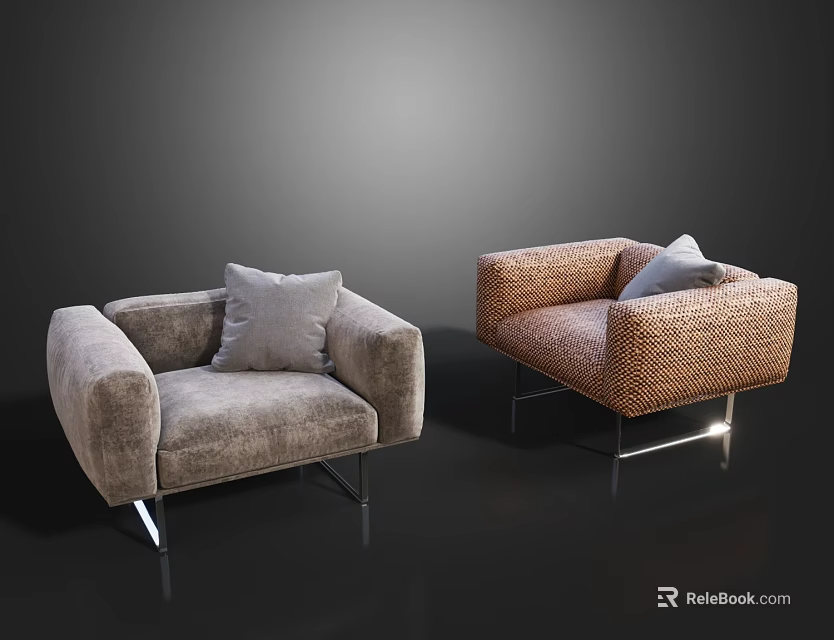 Two Modern Single Sofas Gray and Brown with Soft Cushions and Metal Legs 3d model
