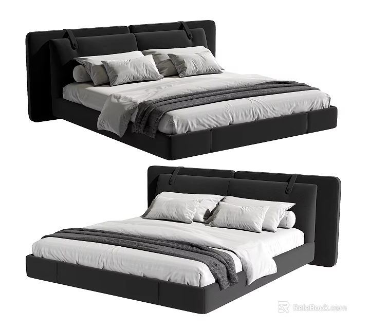 Modern Double Bed With Black Headboard White Sheets Gray Blanket And Pillows 3d model