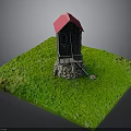 Small Traditional Wooden Cabin With Red Roof On Stone Foundation In Green Grassy Area