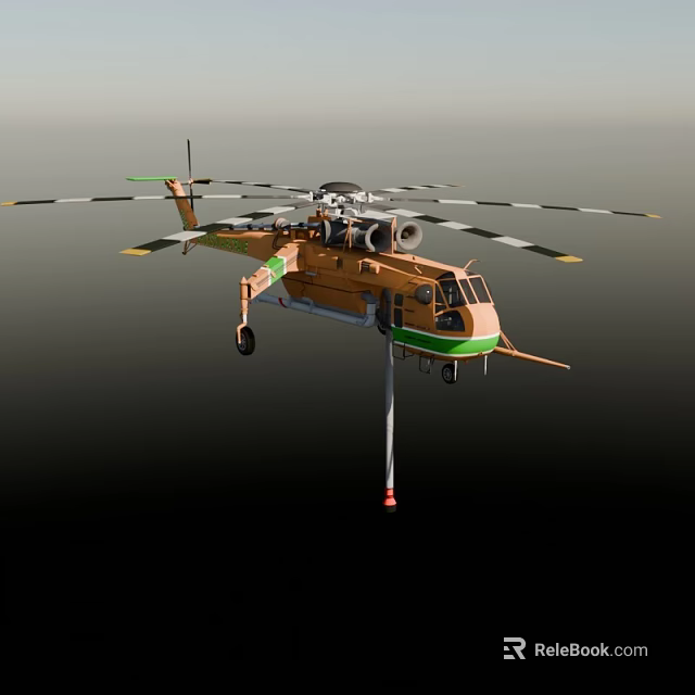 Orange and Green Heavy Lift Helicopter With Multiple Rotors And Suspended Load Cable 3d model 
