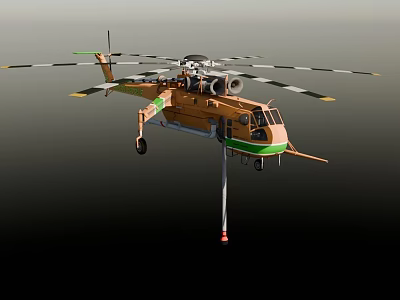 Orange and Green Heavy Lift Helicopter With Multiple Rotors And Suspended Load Cable 3d model