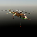 Orange and Green Heavy Lift Helicopter With Multiple Rotors And Suspended Load Cable