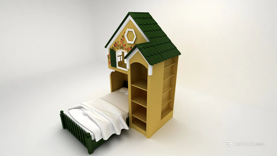 House Shaped Kids Bed With Green Roof Yellow Bookshelf And White Bedding 3d model 