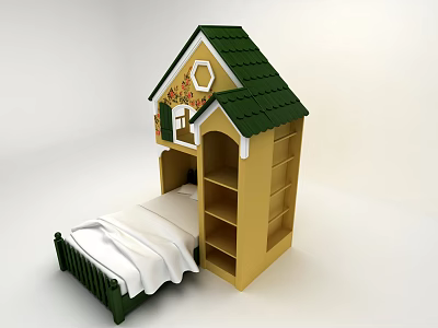 House Shaped Kids Bed With Green Roof Yellow Bookshelf And White Bedding 3d model