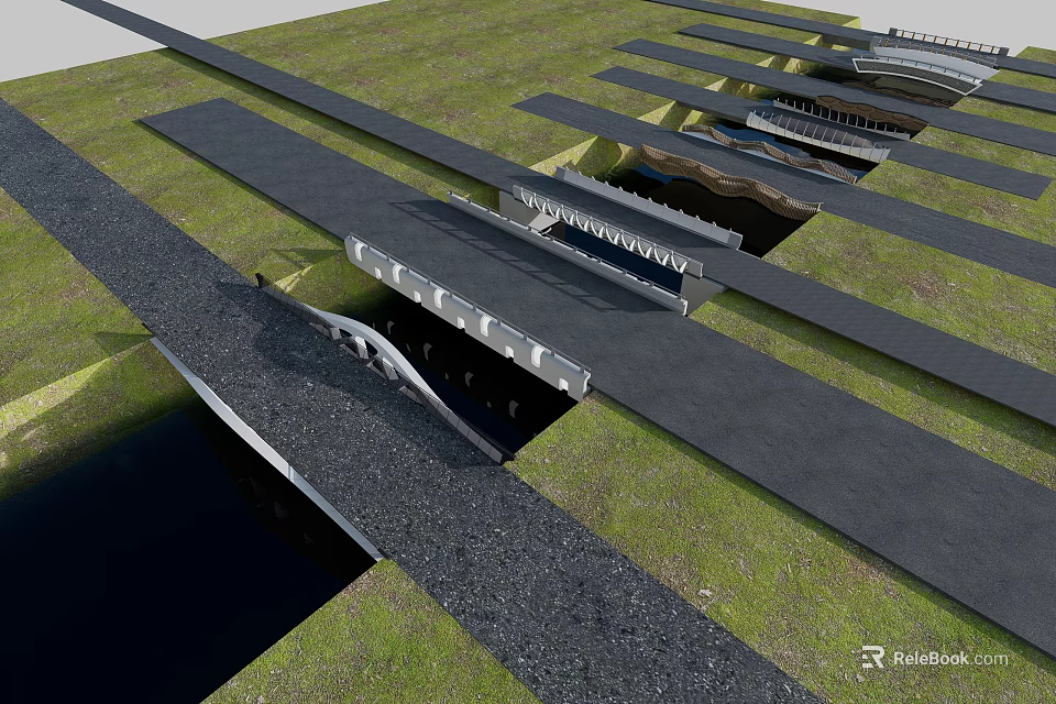 Modern Landscape Bridge Design With Multiple Structures Grass Areas And Water Channels 3d model 