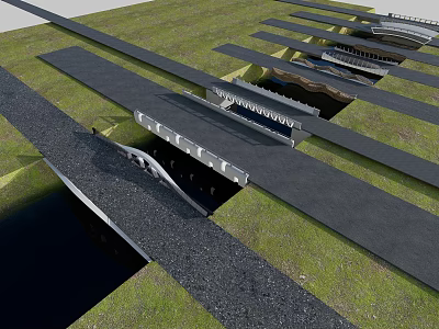 Modern Landscape Bridge Design With Multiple Structures Grass Areas And Water Channels 3d model
