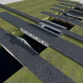Modern Landscape Bridge Design With Multiple Structures Grass Areas And Water Channels