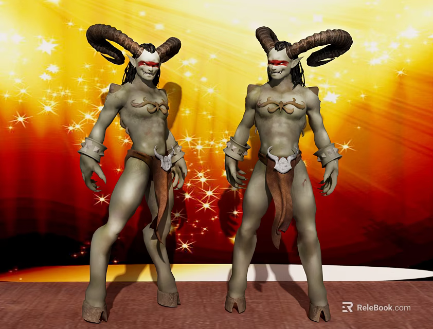 Two Fantasy Game Characters With Goat Horns Muscular Build And Leather Loincloths On Starry Background 3d model 