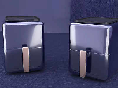 Shiny Navy Blue Kitchen Appliances With Copper Handles And Black Tops 3d model