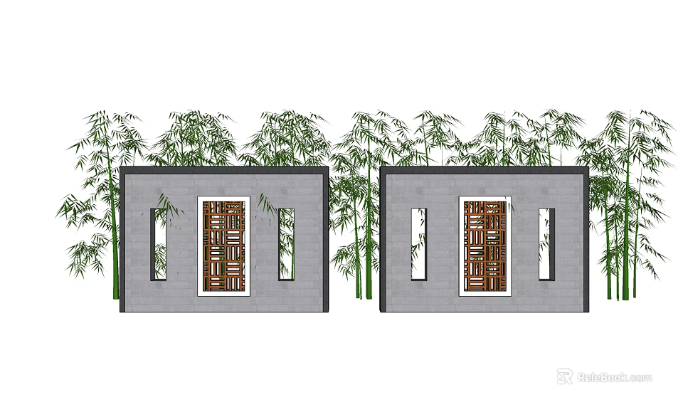Gray Feature Wall With Intricate Lattice Design Surrounded By Bamboo Plants 3d model
