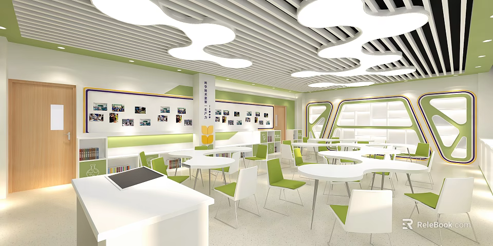 Modern School Interior With White Green Tables Chairs Cloud Ceiling Photo Display And Bookshelves 3d model 