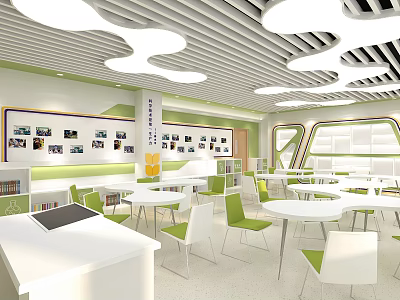Modern School Interior With White Green Tables Chairs Cloud Ceiling Photo Display And Bookshelves 3d model