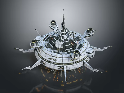 Circular Futuristic Sci Fi Structure With Spiked Top Multiple Metallic Extensions And Glowing Panels 3d model