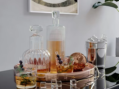 Modern Decorative Ornament Set With Glass Decanters Metal Tray Ice Bucket And Drinking Glasses 3d model