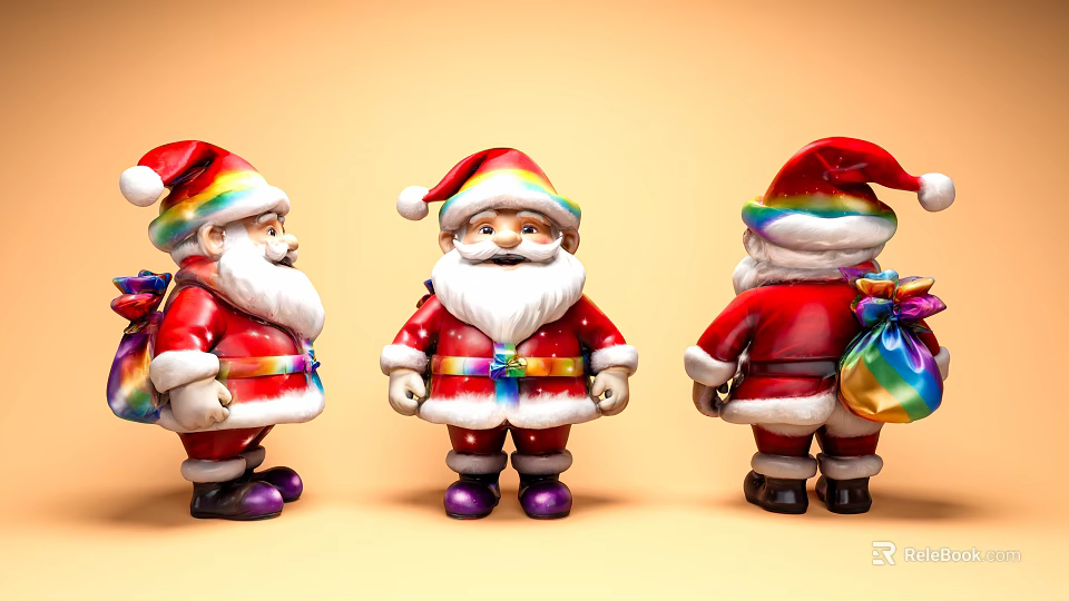 Game Movie Character Santa With Three Different Angles Red Outfit Colorful Hat And Gift Bag 3d model 