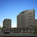 Vibrant Commercial Street With Modern High Rise Buildings Cars Pedestrians Trees And Outdoor Umbrellas