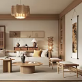 Natural Living Room Interior With Woven Pendant Light Wooden Furniture And Low Sofa