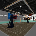 Modern Basketball Court Interior with Wooden Floor Basketball Hoops Wall Murals and Ceiling Lights