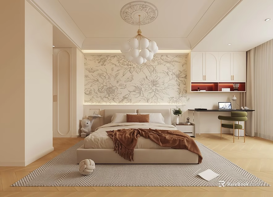Elegant Bedroom Interior With Floral Patterned Wall Chandelier And Bed With Brown Blanket 3d model 