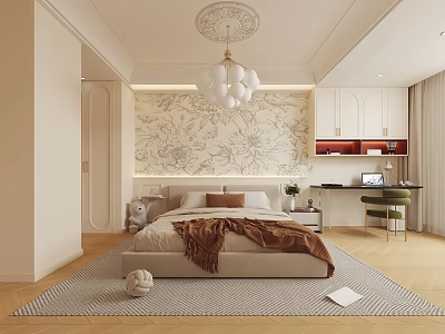 Elegant Bedroom Interior With Floral Patterned Wall Chandelier And Bed With Brown Blanket 3d model