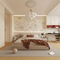 Elegant Bedroom Interior With Floral Patterned Wall Chandelier And Bed With Brown Blanket