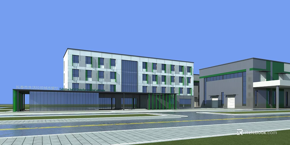 Modern Office Building Exterior Design With Glass Curtain Wall And Green Accents 3d model 