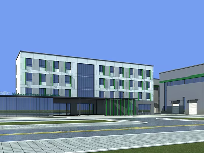 Modern Office Building Exterior Design With Glass Curtain Wall And Green Accents 3d model