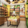 Fruit Store With Variety Of Fresh Fruits On Well Arranged Green Shelves And Modern Counter