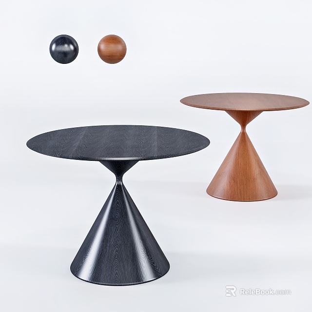 Two Modern Dining Tables with Black and Brown Conical Bases and Hanging Spheres 3d model 