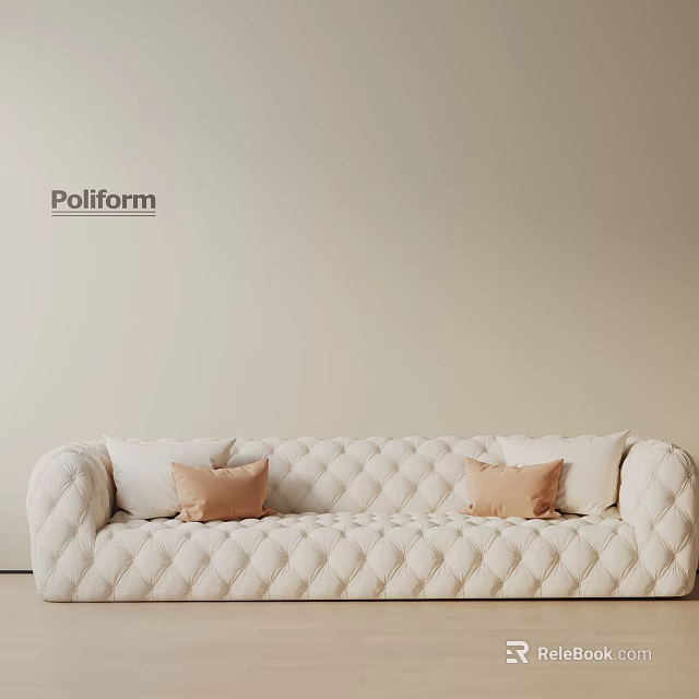 Poliform Cream Colored Three Seater Sofa With Tufted Design And Beige Cushions 3d model 