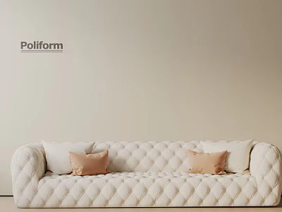 Poliform Cream Colored Three Seater Sofa With Tufted Design And Beige Cushions 3d model