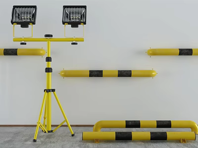 Tripod Mounted Work Lights And Yellow Black Traffic Barriers As Road Safety Facilities 3d model