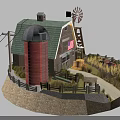Traditional Farm Barn With Red Silo Windmill And Hay Bales Tractor