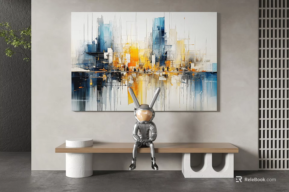 Modern Abstract Painting With Blue Yellow Orange Brush Strokes For Interior Decor 3d model 