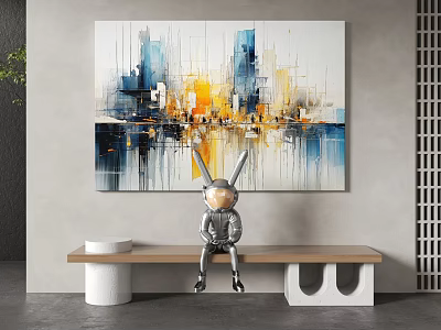 Modern Abstract Painting With Blue Yellow Orange Brush Strokes For Interior Decor 3d model
