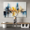 Modern Abstract Painting With Blue Yellow Orange Brush Strokes For Interior Decor