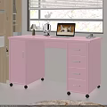 Pink Home Office Desk with Drawers Cabinet Laptop and Cat Screen Near Cherry Blossom Window
