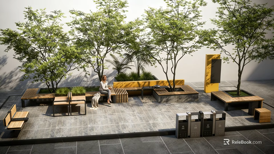 Tree Pits With Lush Green Trees And Wooden Benches In Urban Public Space 3d model 
