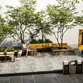 Tree Pits With Lush Green Trees And Wooden Benches In Urban Public Space