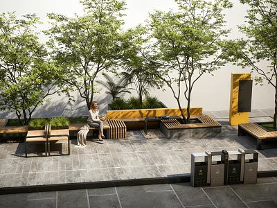 Tree Pits With Lush Green Trees And Wooden Benches In Urban Public Space 3d model