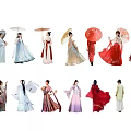 Women In Traditional Ancient Style Dresses With Colorful Umbrellas And Flowing Robes