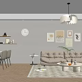 Modern Living Dining Room Interior With Beige Sofa Dining Table Wall Art And Pendant Lights