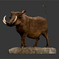 Warthog Taxidermy Specimen Standing On Stone Base With Brown Fur And Tusks