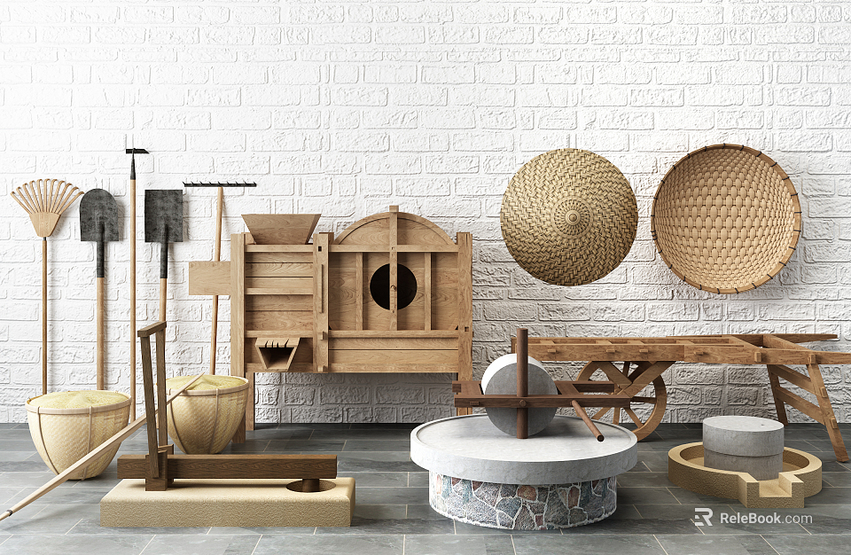 Rustic Garden Decor Featuring Wooden Tools Bamboo Hats Stone Millstone Cart Against White Brick Wall 3d model 