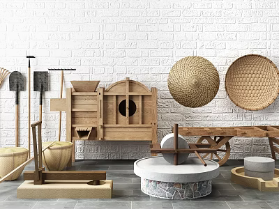 Rustic Garden Decor Featuring Wooden Tools Bamboo Hats Stone Millstone Cart Against White Brick Wall 3d model