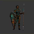 Ethnic Style Woman In Decorative Outfit Holding Shield And Spear