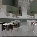 Modern Dining Table Set With Round Tables Brown Chairs Green Gold Pendant Lights Terrazzo Flooring